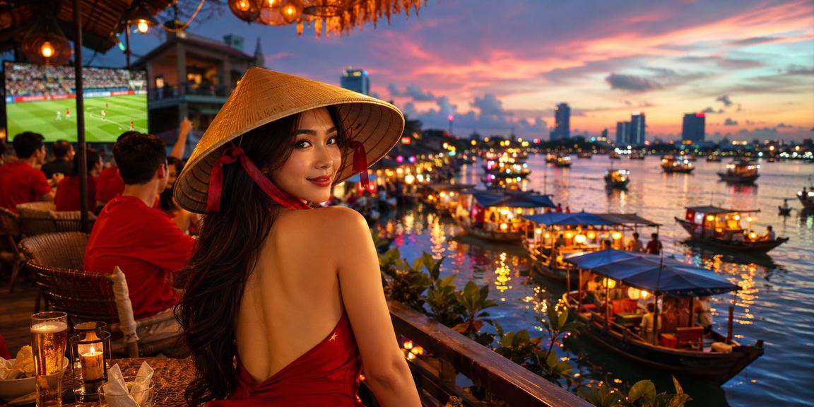Người dùng Hà Nội xem và đặt cược bóng đá với nón lá truyền thống bên cạnh