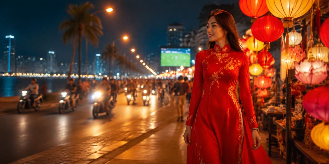 Người phụ nữ mặc áo dài tại Nha Trang đặt cược bóng đá trực tuyến trên điện thoại